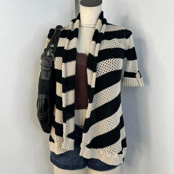 Y2K Open Knit Short Sleeve Striped Cardigan - Picture 1 of 7